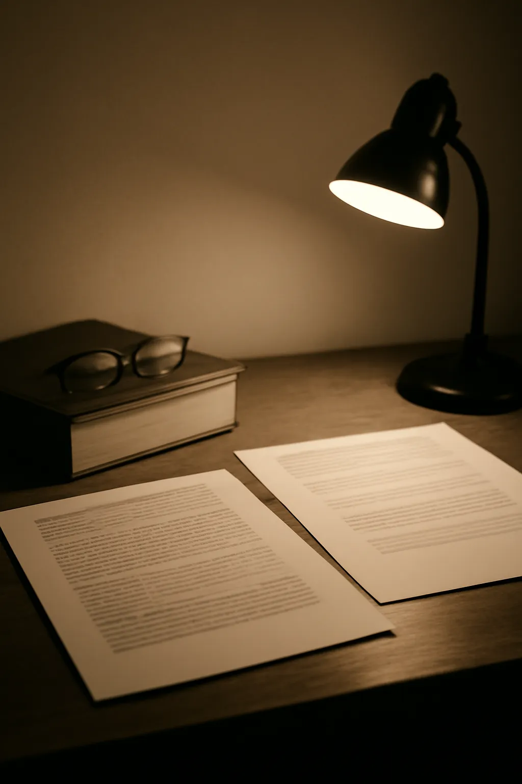 A translator's desk mid-task with source and target document pages side by side under warm lamp light, shown in duotone.