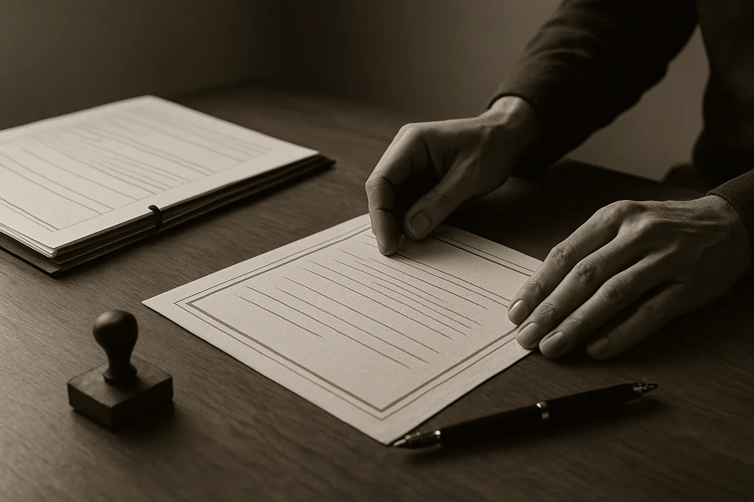 Hands at a Baton Rouge office desk carefully preparing a certificate-style document for translation, softly window-lit and shown in warm paper-and-ink duotone.