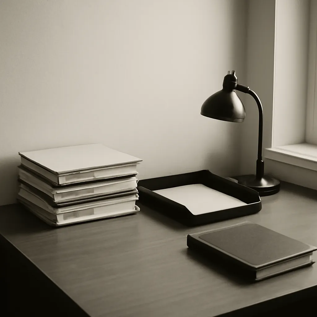 A tidy office desk corner with a labelled document drop-off tray, representing BoomTranslate's Baton Rouge office, shown in warm duotone.