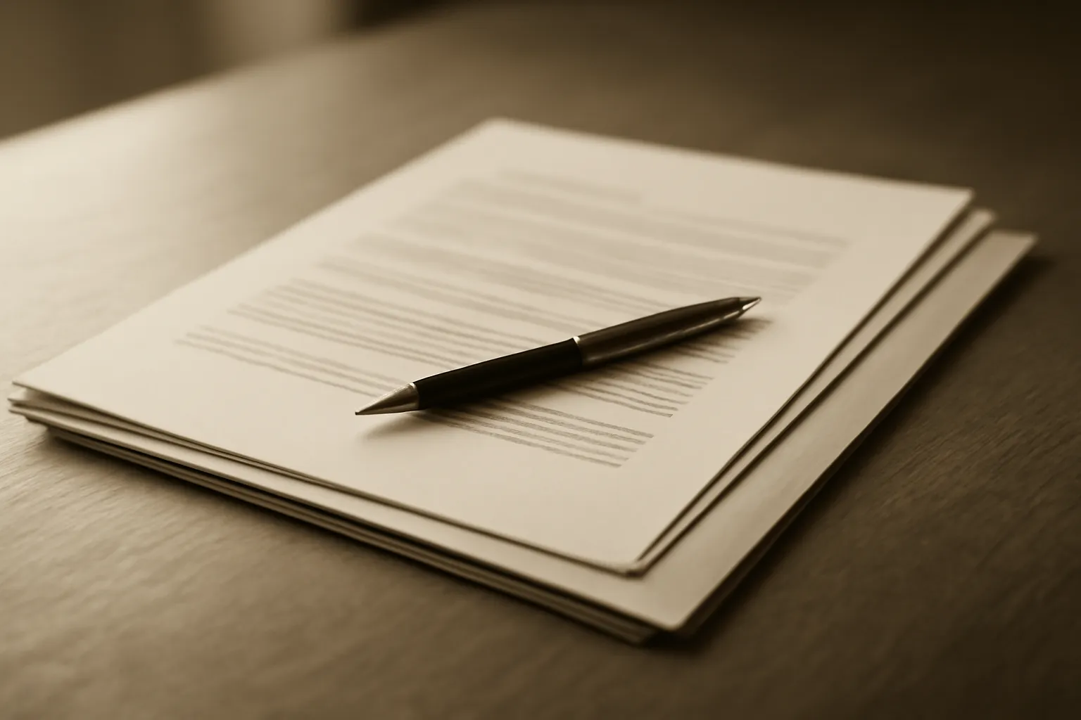 A stack of business correspondence and a folded corporate report with a pen resting across it, shown in warm duotone.