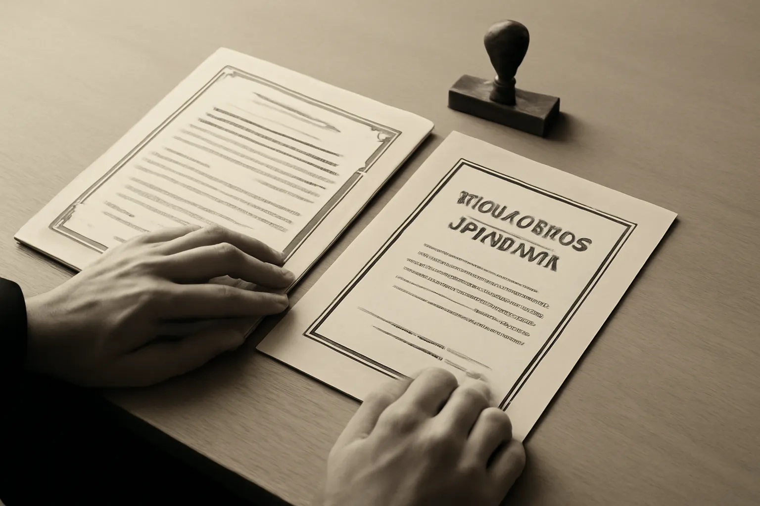 Hands assembling a certified translation packet — a certificate page with its signed Certificate of Accuracy and stamp — shown in warm duotone.