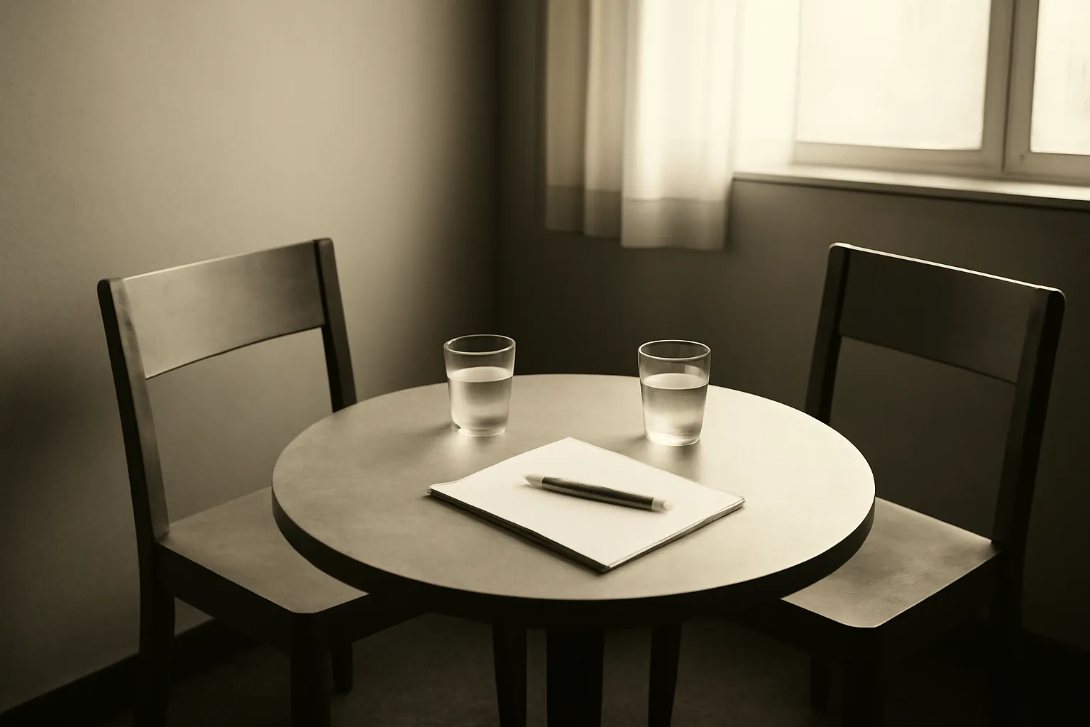 Two chairs and a small table set for an interpreting session, prepared and empty, shown in warm duotone.