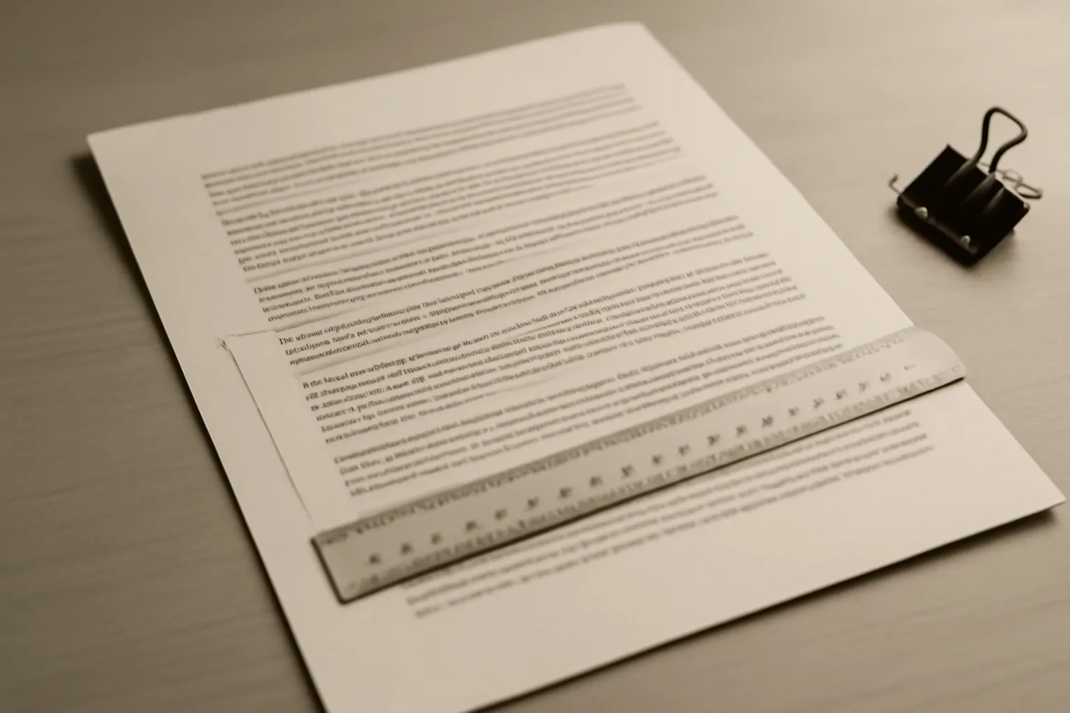 A contract page under review with a ruler and pencil tick-marks in the margin, shown in warm ink-and-paper duotone.