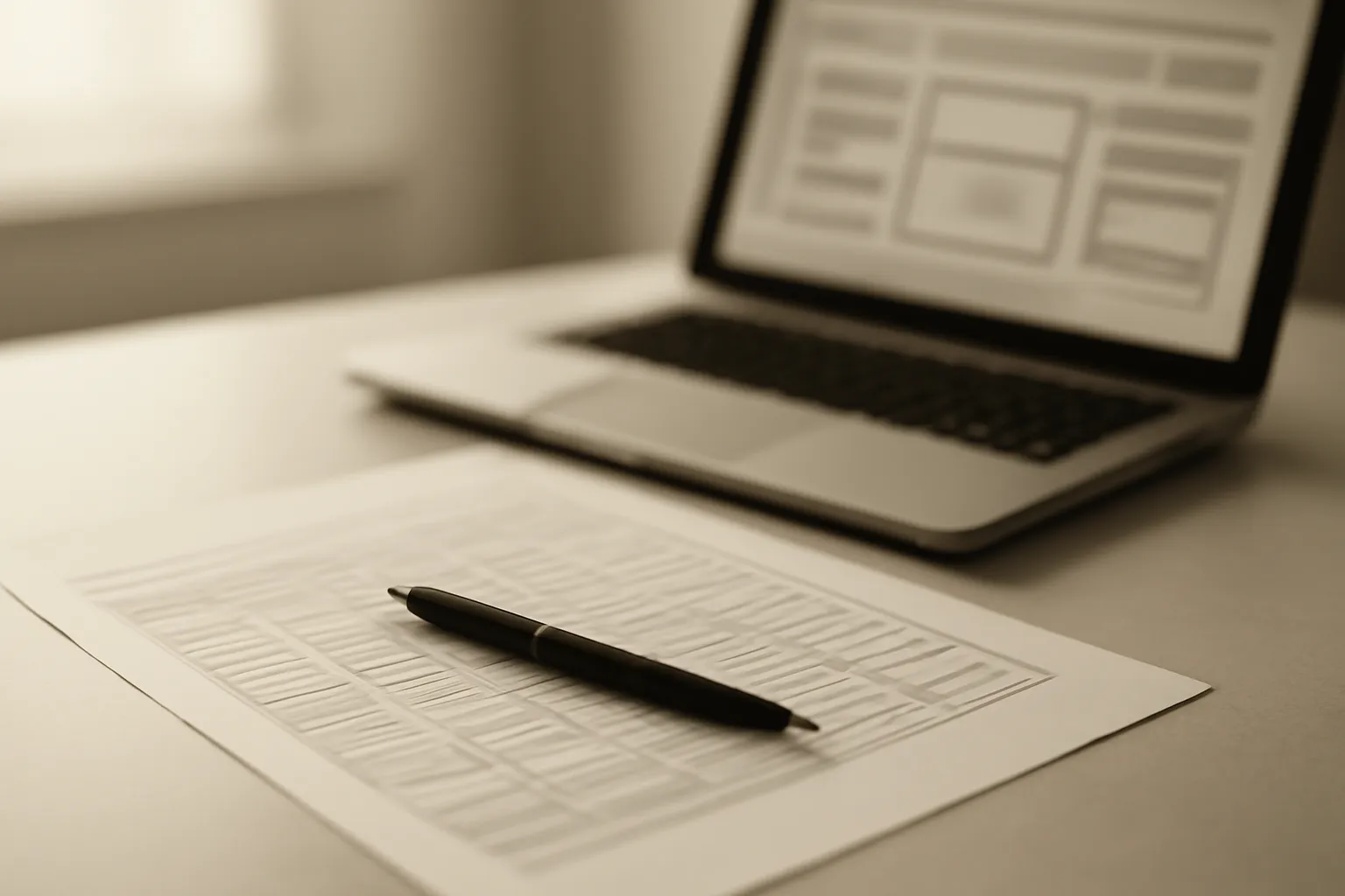 A printed interface string sheet beside a laptop showing a blurred wireframe mockup, shown in warm duotone.