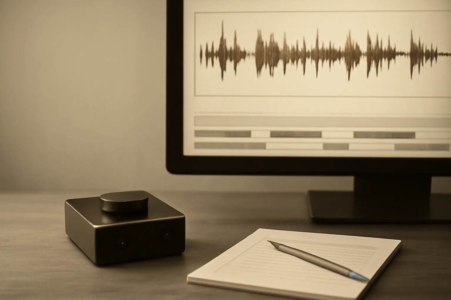 An editing desk with an audio waveform and subtitle timeline shown at an angle on a monitor, a compact audio interface and a timecode notepad, shown in warm duotone.