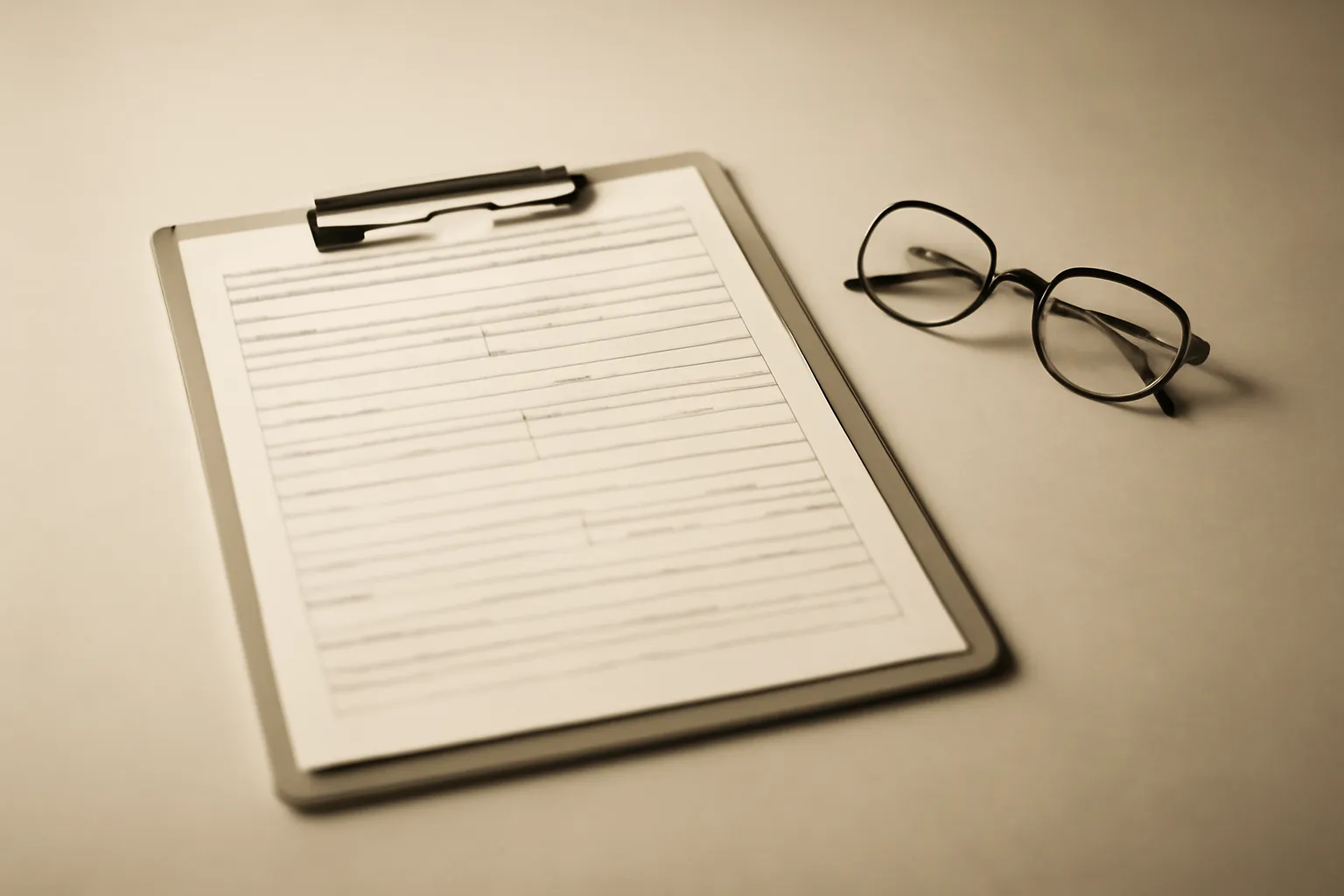 A clinical intake form clipped to a clipboard on a plain desk, handled with discretion, shown in warm duotone.