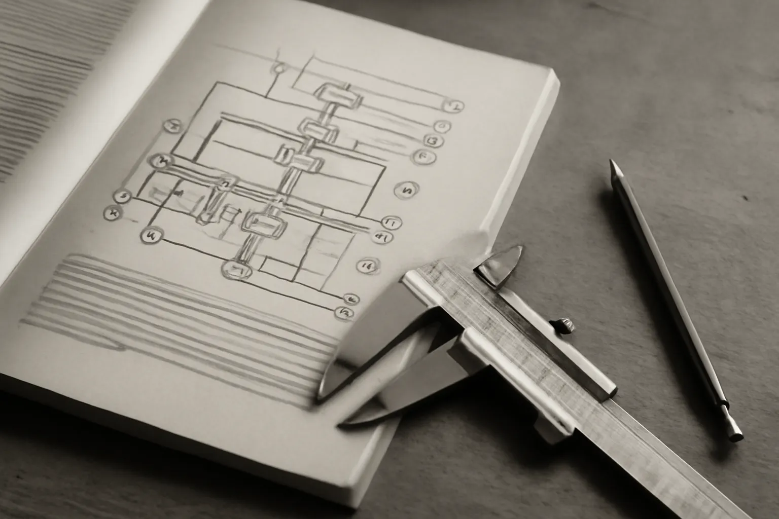 An open technical manual page with a numbered diagram checked against precision calipers, shown in warm duotone.